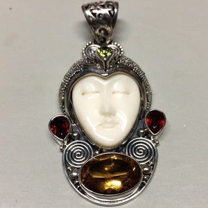 Sterling Silver Goddess Sajen Style Face and Multi Color Stones Pendant NWOT